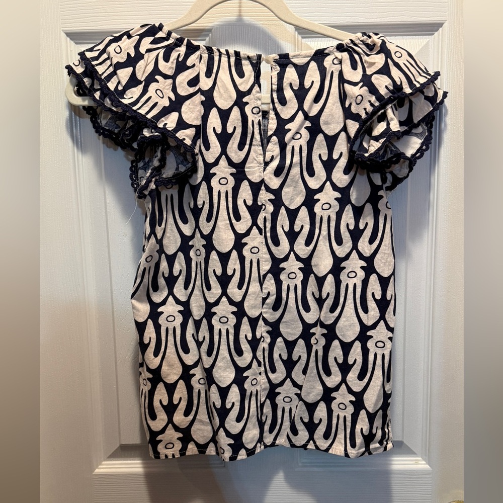 Christian Siriano Navy and White Graphic Ruffle-Sleeve Top